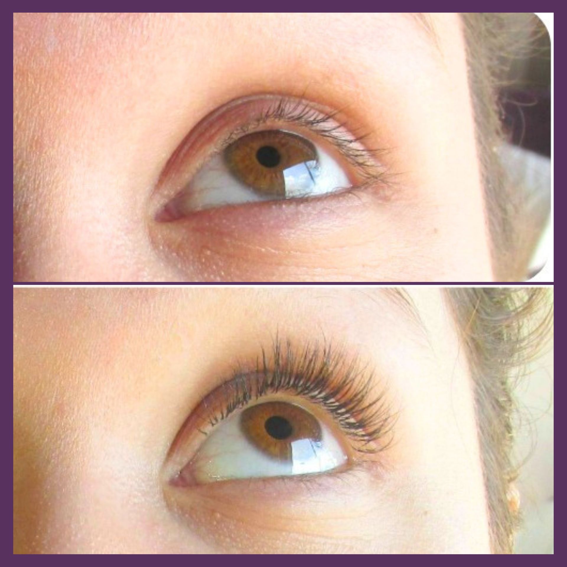 Up close Before and after comparison of woman wearing classic eyelash extensions