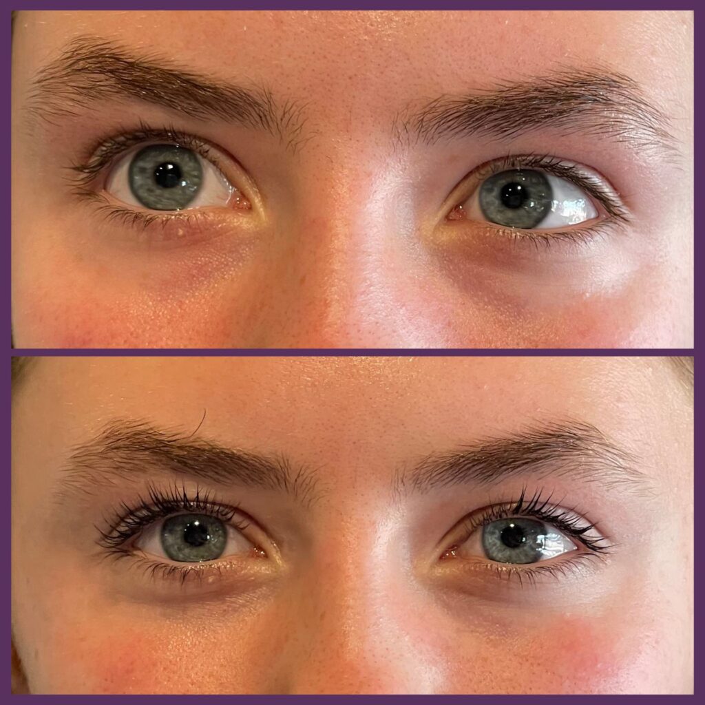 Before and after lash lift on woman with green eyes 