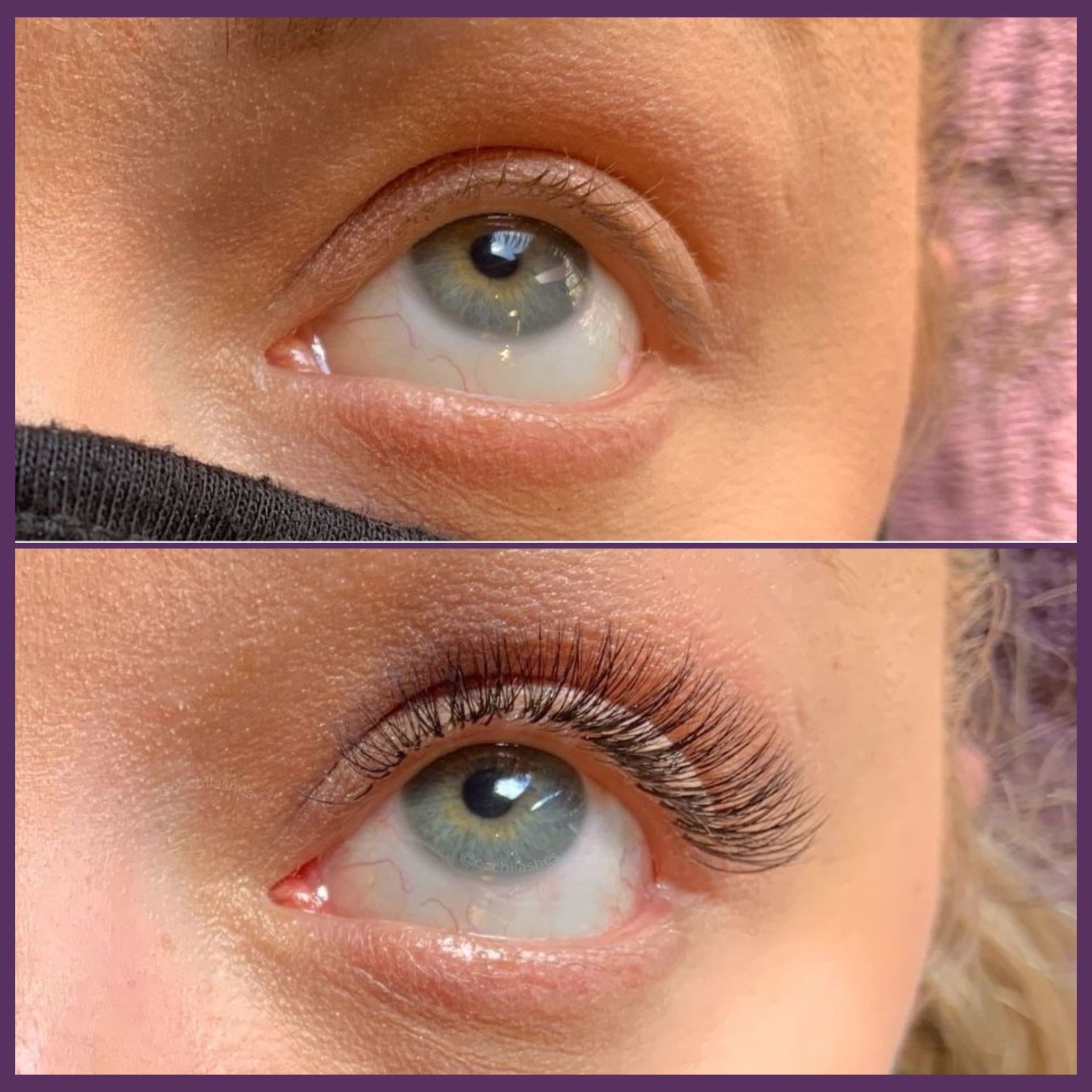 Up close Before and after comparison of woman wearing natural eyelash extensions