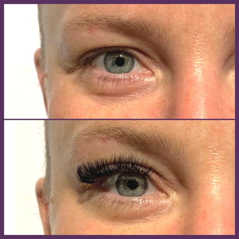 Up close Before and after comparison of woman wearing volume eyelash extensions